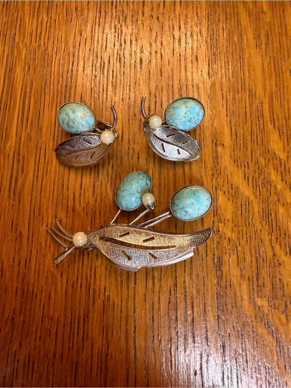 Turquoise and Silver Leaf Brooch & Earring Set - Unbranded